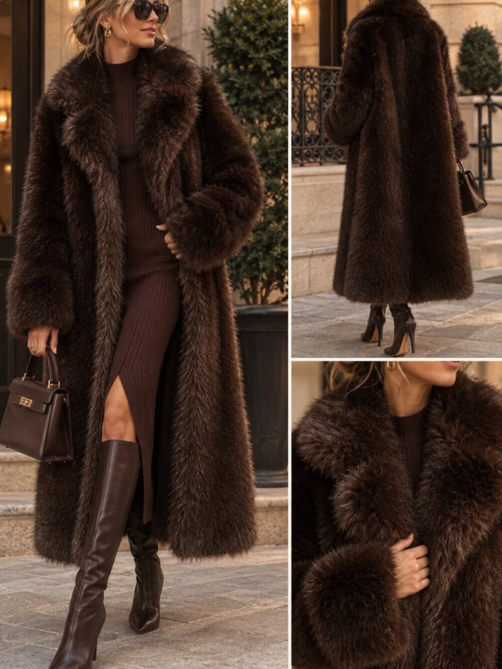 Chocolate Brown Faux Fur Long Maxi Coat Oversized Winter Vintage Luxury
